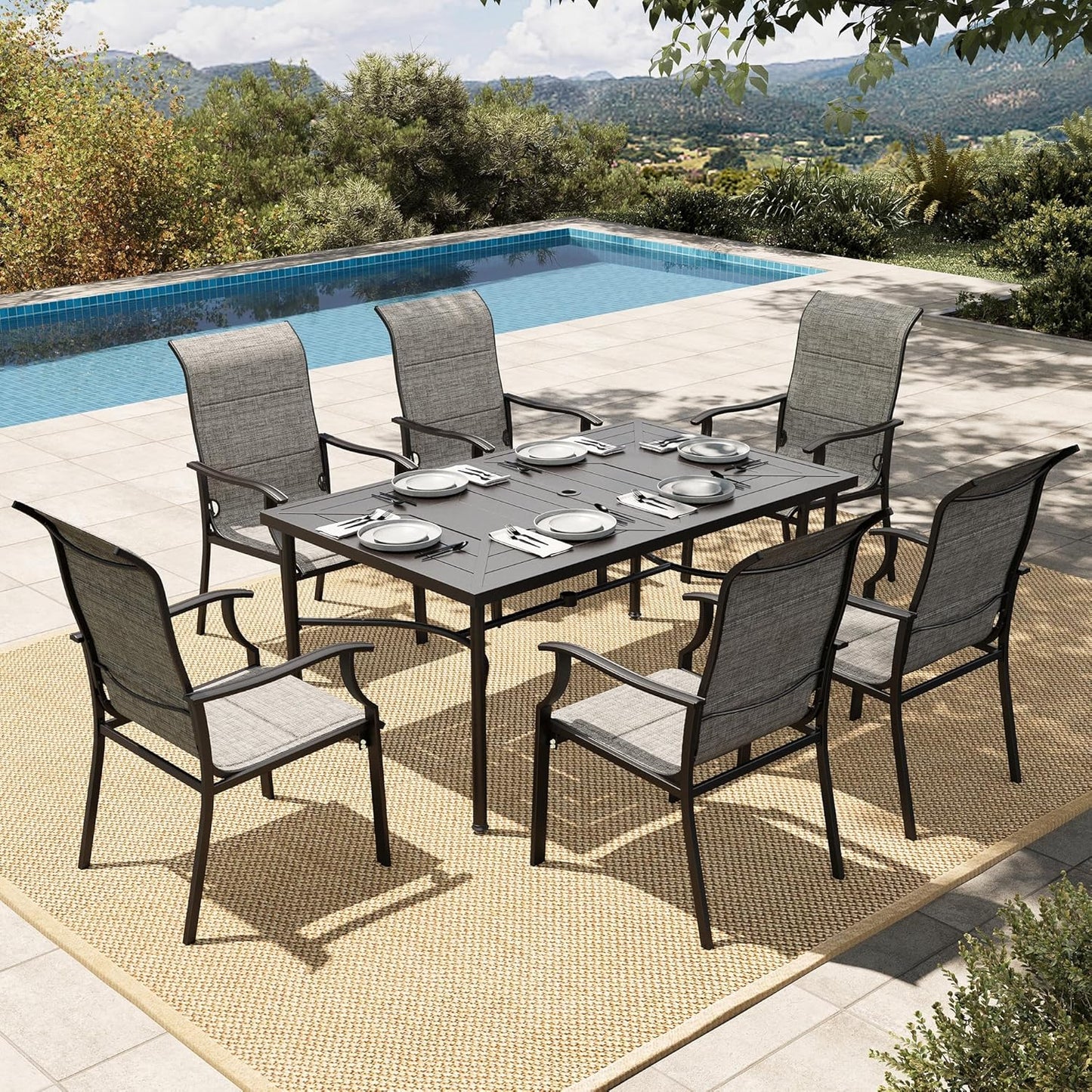 HERA'S HOUSE 7 Pieces Patio Dining Set, Outdoor Furniture Set for 6, 6 x All Weather Textilene Dining Chair, 1 x Rectangular Metal Dining Table, All Weather Resistant for Lawn Garden Backyard Deck