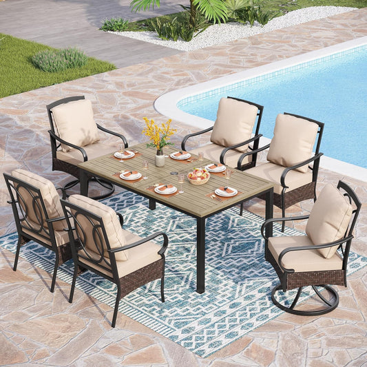PHI VILLA 7-Piece Outdoor Dining Set, Heavy Duty Patio Table and Chairs Set with Umbrella Hole for 6, 64" Rectangular Patio Woodgrain Metal Table & Wicker Metal Chairs with Cushions, 2 Swivel