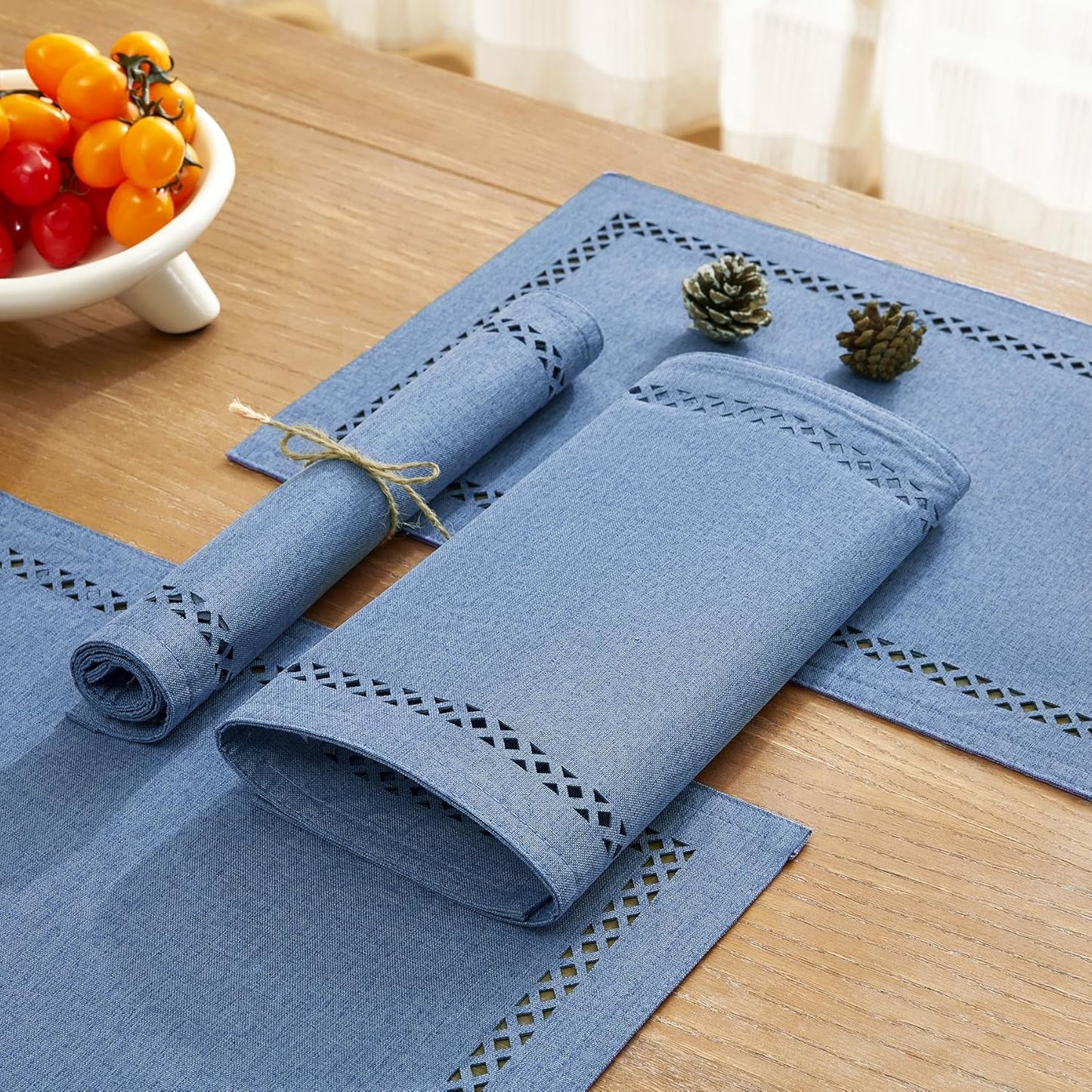 Burlap Placemats Set of 6, 12 x 18 Inch Rustic Geometric Hollow Place Mats, Heat Resistant Placemats for Farmhouse Kitchen Table Decor, Blue 6PCS