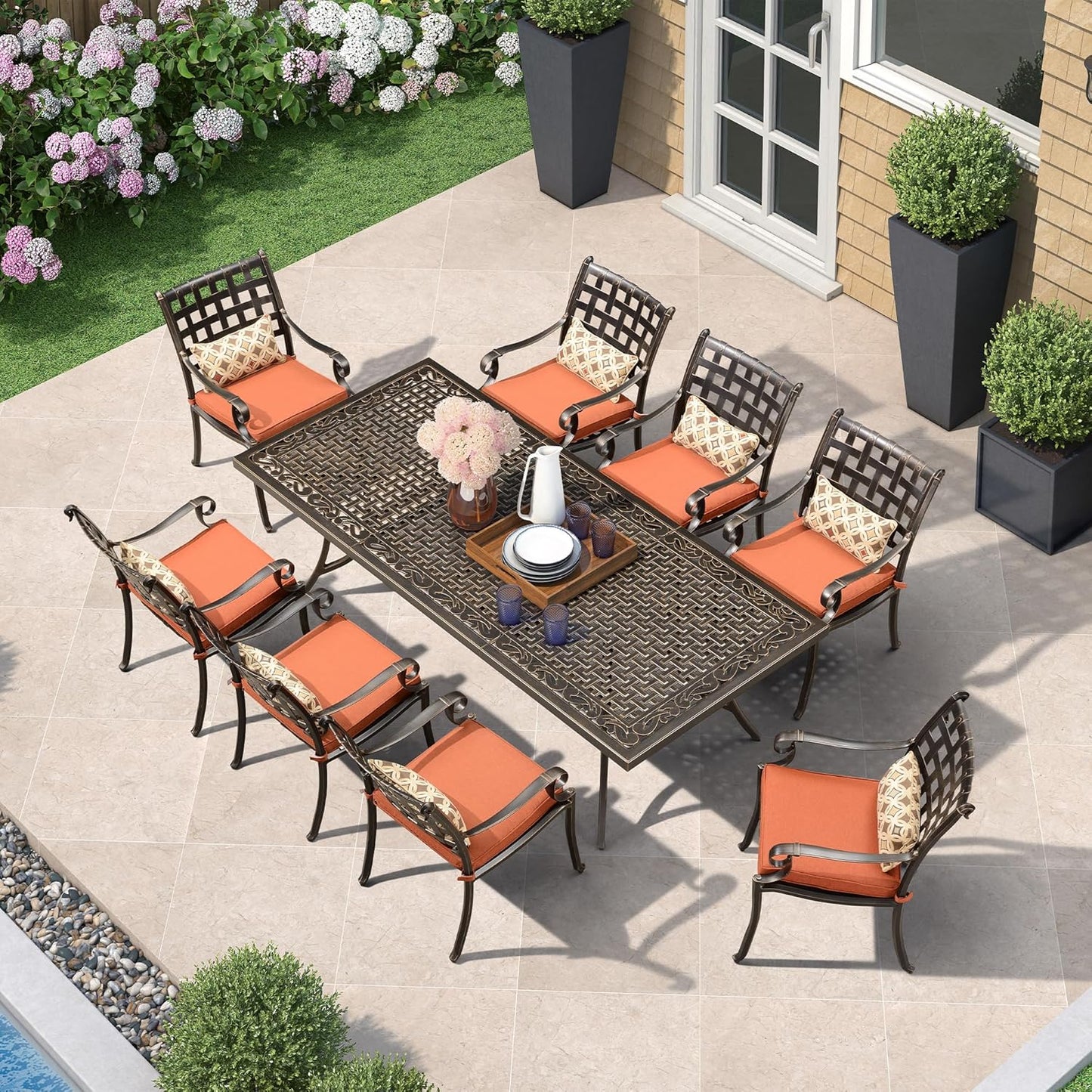 PURPLE LEAF 9 Pieces Patio Dining Sets Cast Aluminum Furniture with Rectangular Table for Lawn Garden Backyard Deck Outdoor Dining Sets with Cushions and Pillows, Lattice Brick Red