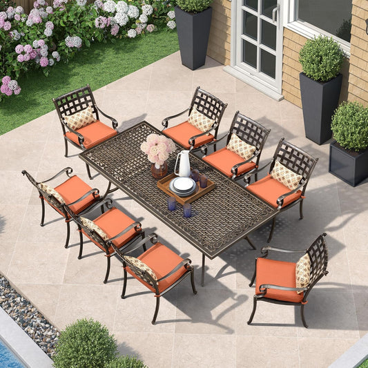 PURPLE LEAF 9 Pieces Patio Dining Sets Cast Aluminum Furniture with Rectangular Table for Lawn Garden Backyard Deck Outdoor Dining Sets with Cushions and Pillows, Lattice Brick Red