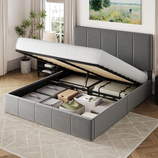 Allewie Full Size Velvet Lift Up Storage Bed Frame, Vertical Channel Tufted Headboard, Hydrualic Underneath Storage, Upholstered Platform Bed, Wooden Slats Support, No Box Spring Needed, Gray