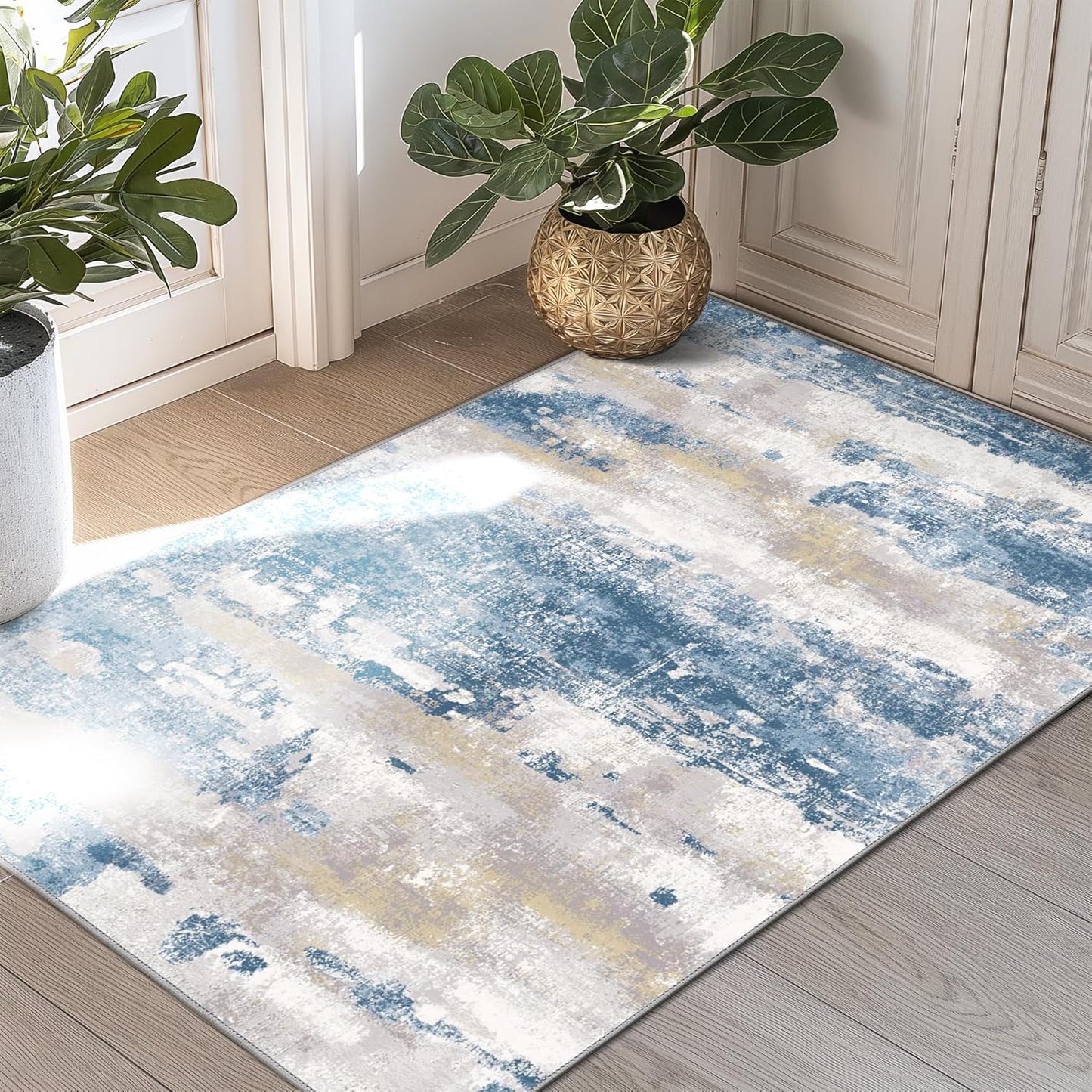 1.5'x2.5' Rugs for Entryway Entrance Kitchen Bathroom, Machine Washable Modern Abstract Soft Area Rug, Low Pile Indoor Floor Carpet with Non Slip Backing, Blue Cream