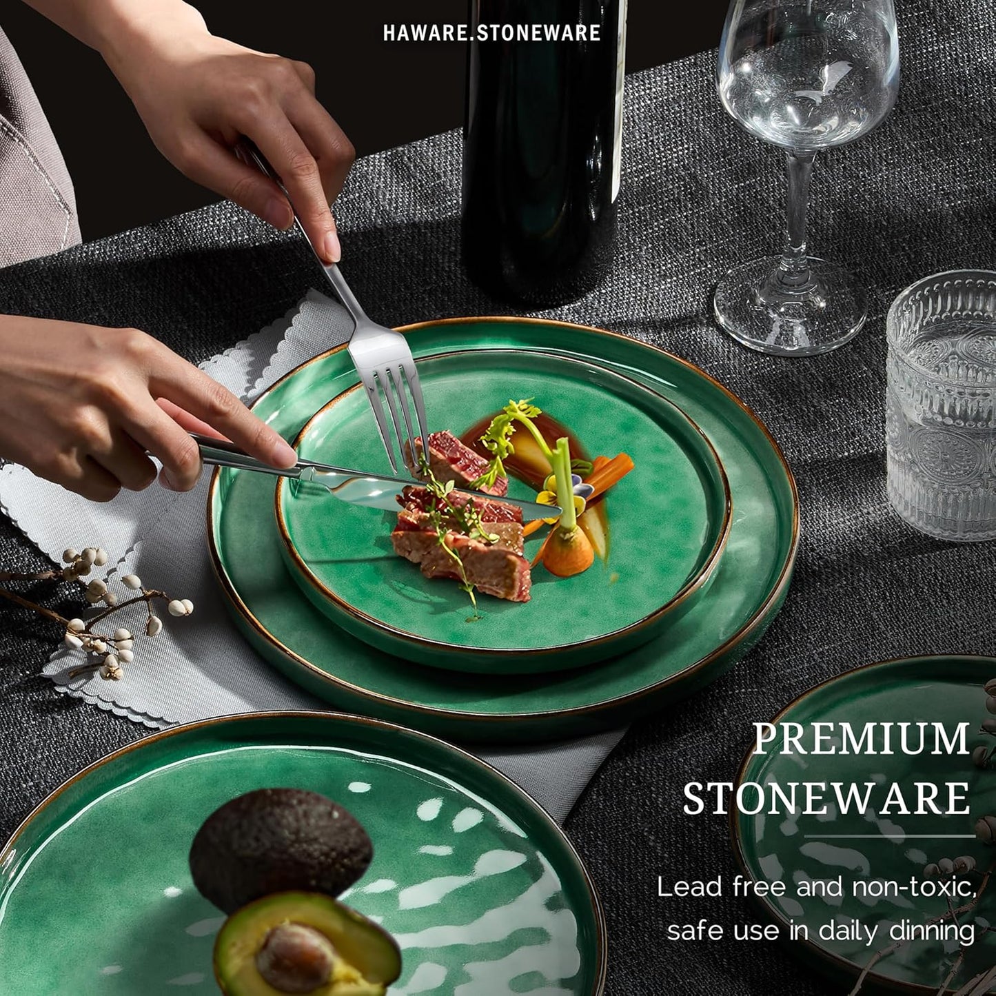 HaWare Dinnerware Sets, 18-Piece Plates and Bowls Set, Stoneware Dish Set for 6, Ceramic Dinnerware for Home Restaurant, Chip and Scratch Resistant, Microwave and Dishwasher Safe, Reactive Green