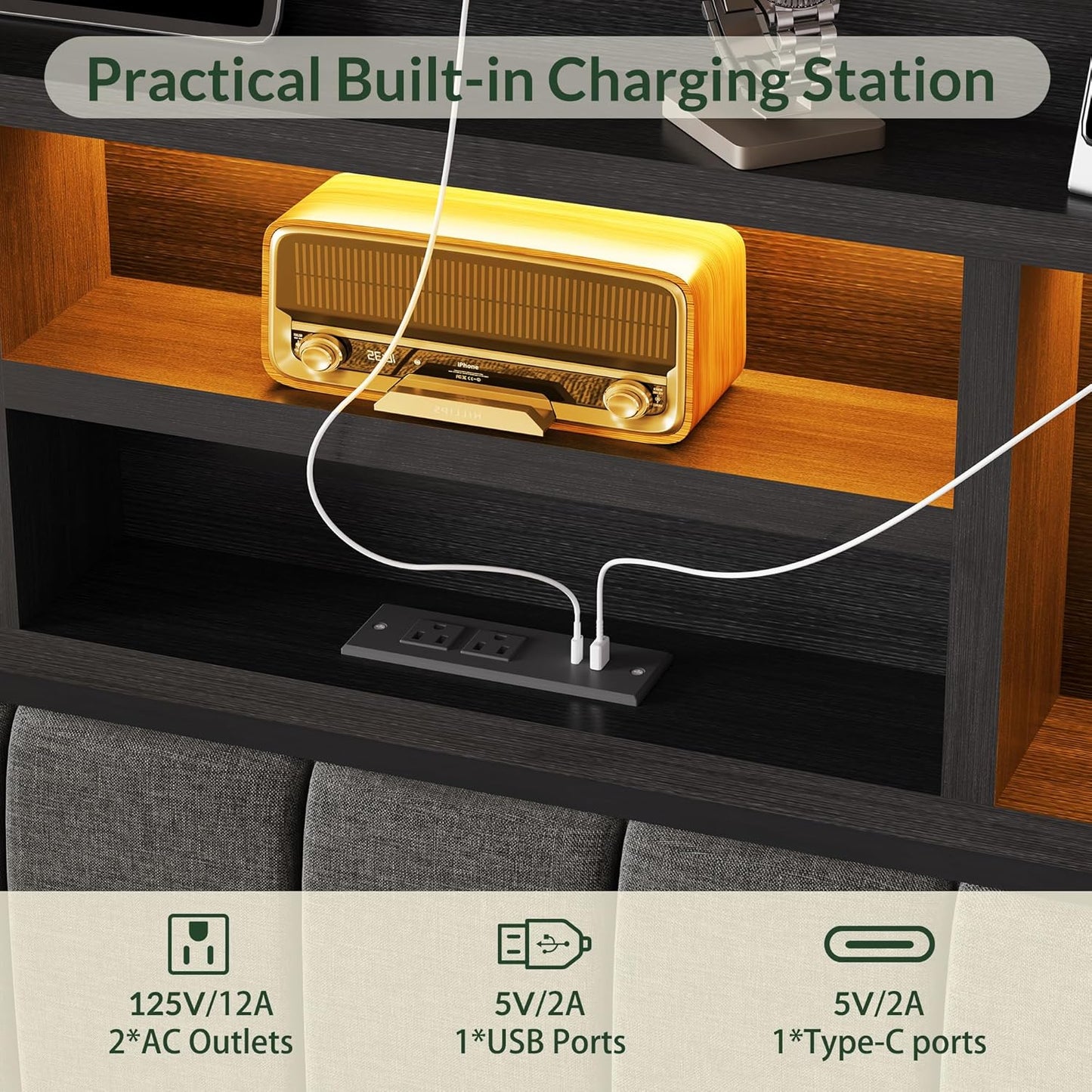 LARMACE Queen Bed Frame with 6 Storage Drawers, Bed Frame Queen Size with Linen Upholstered Headboard, Built in Charging Station and LED, No Noise, Metal Support, No Box Spring Needed,Vintage Black