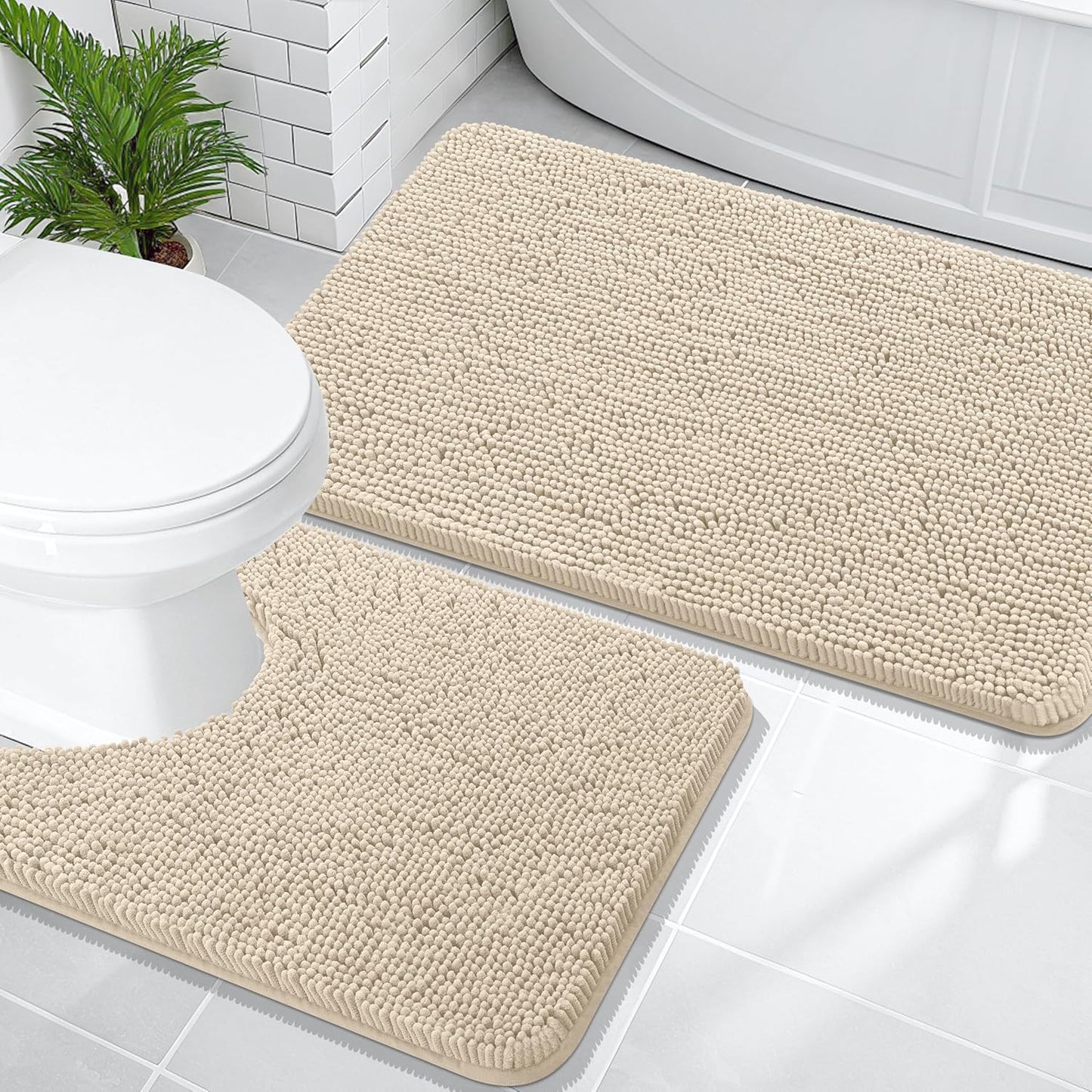 OLANLY Bathroom Rugs Sets 2 Piece, Soft Absorbent Chenille Bath Mats and U-Shaped Contour Toilet Mat Area Rug Set, Machine Washable Bath Carpet, Home Decor Accessories(36"x24"+24"x20", Sand)