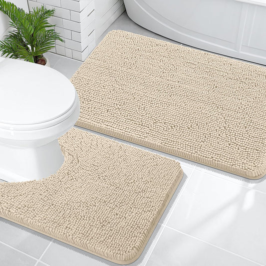 OLANLY Bathroom Rugs Sets 2 Piece, Soft Absorbent Chenille Bath Mats and U-Shaped Contour Toilet Mat Area Rug Set, Machine Washable Bath Carpet, Home Decor Accessories(36"x24"+24"x20", Sand)