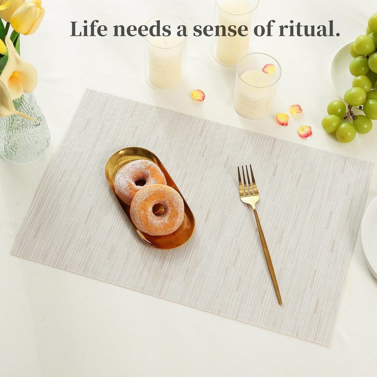 Leetaltree Pale Beige Placemats Set of 12 - Heat Resistant Non-Slip Place mats for Dining Table, Washable Durable PVC Vinyl Woven Table Mats（Pale Beige, 12）