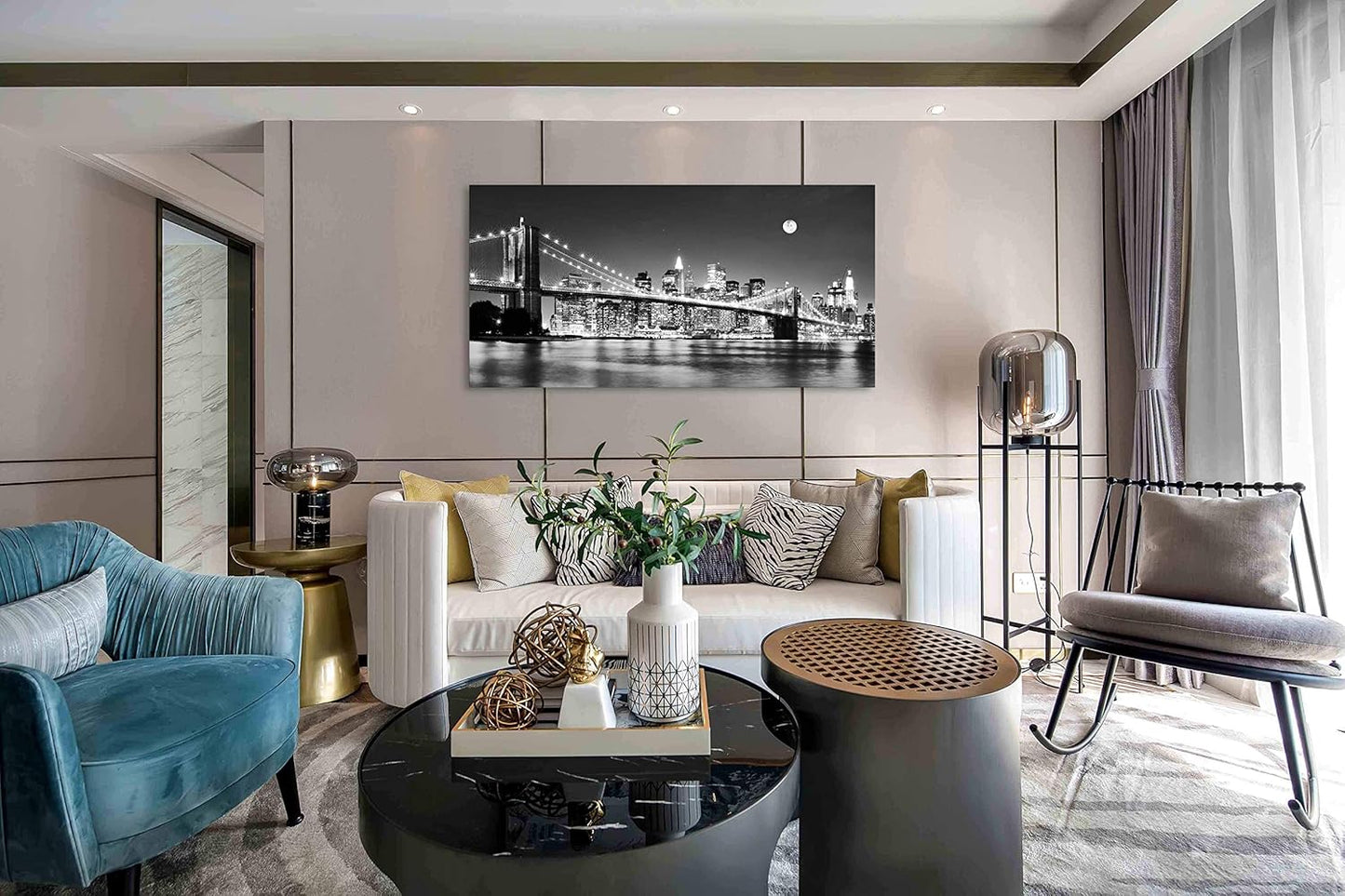 Baisuart-Q30362 Brooklyn Bridge Night View 1 Panels Landscape Artwork Canvas Prints Moon Night New York City Scene Picture Paintings Black and white Wall Art for Oiffce Home Decorations Wall Decor