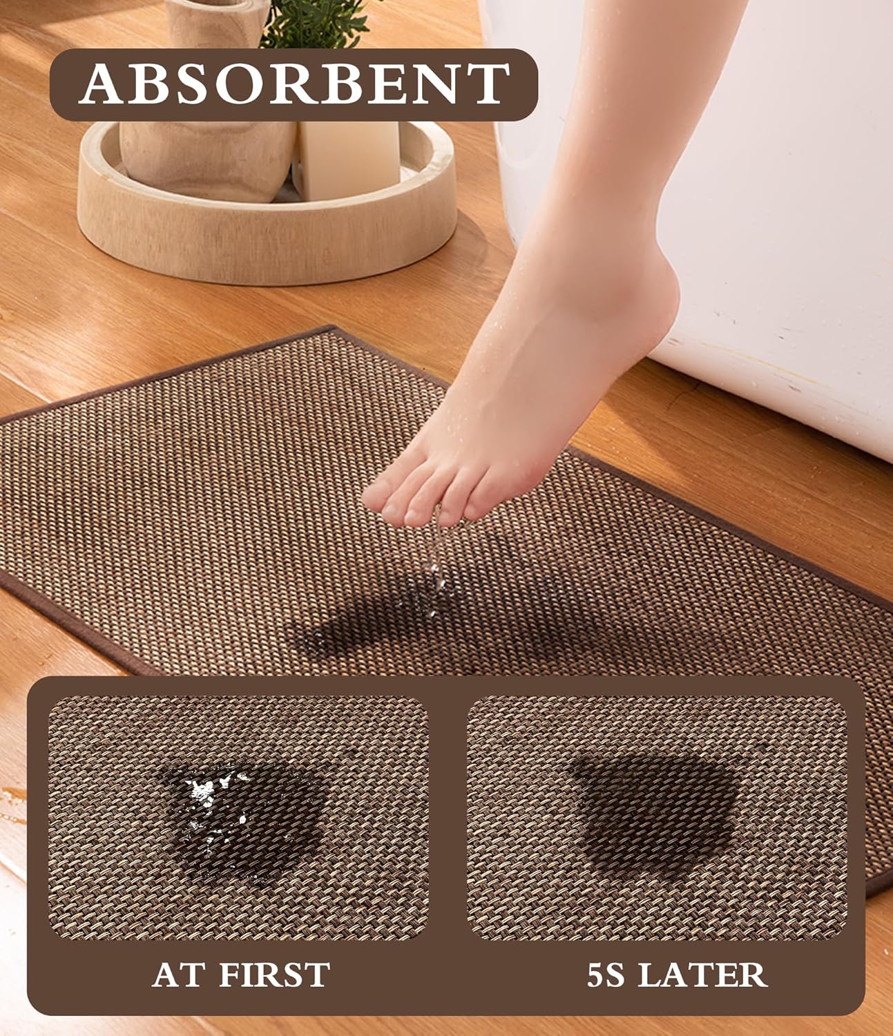 YIHOUSE Bathroom Rugs Sets 3 Pieces, Coffee Ultra Thin Bath Mats Fit Under Door, Absorbent Quickly Dry Rubber Backing Braided Bath Mat Set, Non Slip Washable Bath Rugs Mat for Bathroom Floor, Coffee