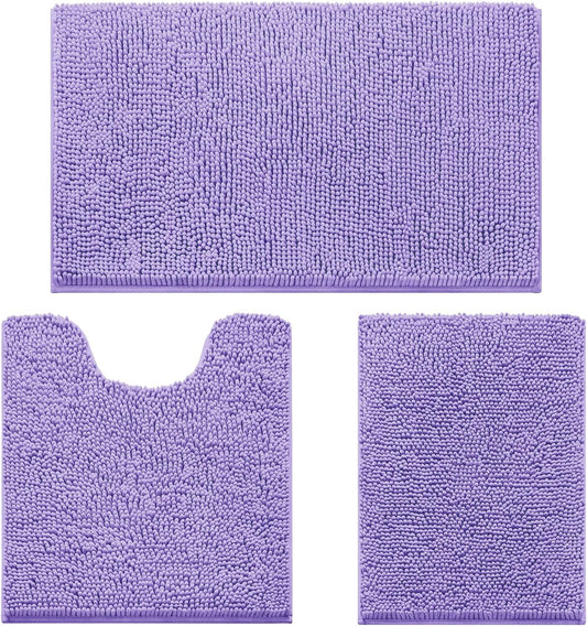 HOMEIDEAS 3 Pieces Bathroom Rugs, Ultra Soft Non Slip Absorbent Chenille Toilet Bath Mat Set (Lavender,17"x24"+20"x32"+U Shape 20"x24")