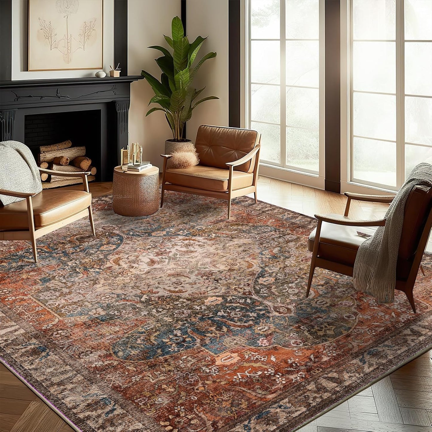 10'x14' Washable Area Rug Boho Chic Medallion Distressed Design Non-Shedding Easy Care Ideal for High Traffic Areas in Rug for Living Room Bedroom Office Coffee Table Large Carpet