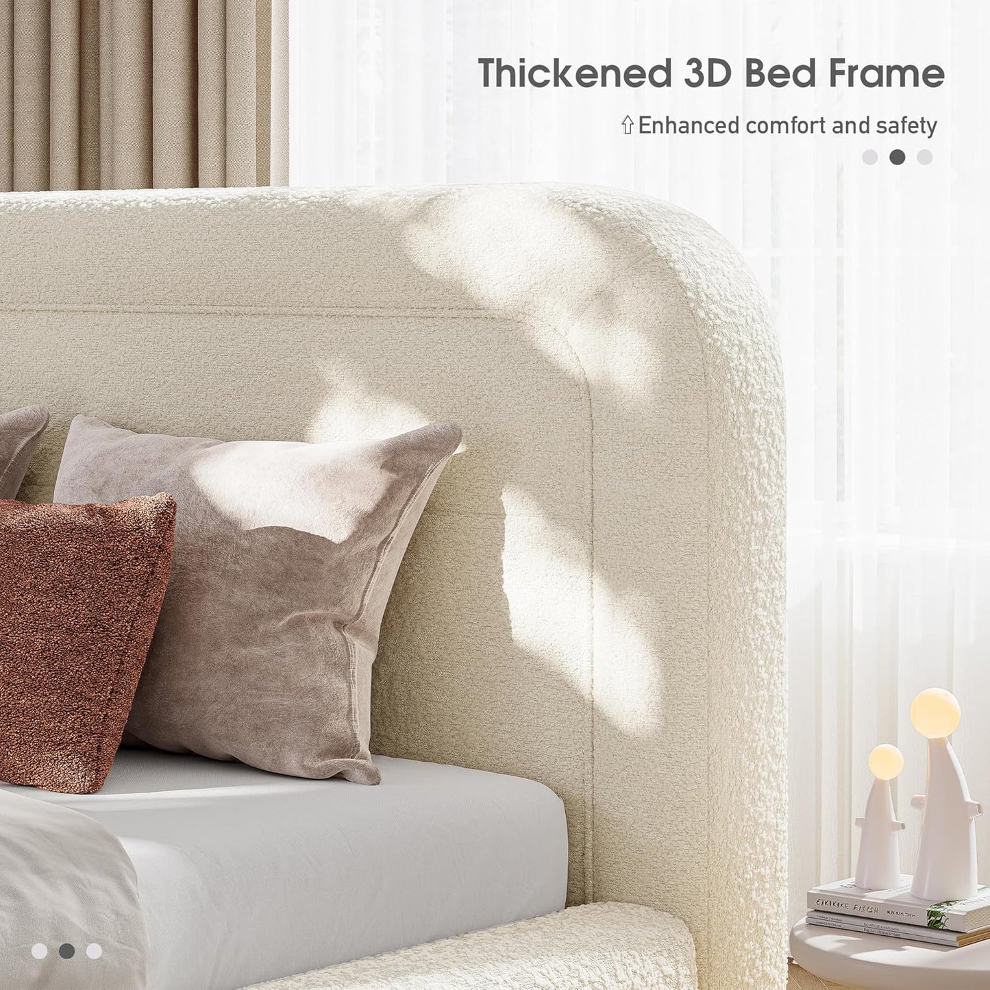Full Bed Frame with Headboard, Upholstered Cloud Bed Frame, Anti-Collision Soft Rounded Corners, for Modern Bedrooms, Apartments, Guest Rooms, White