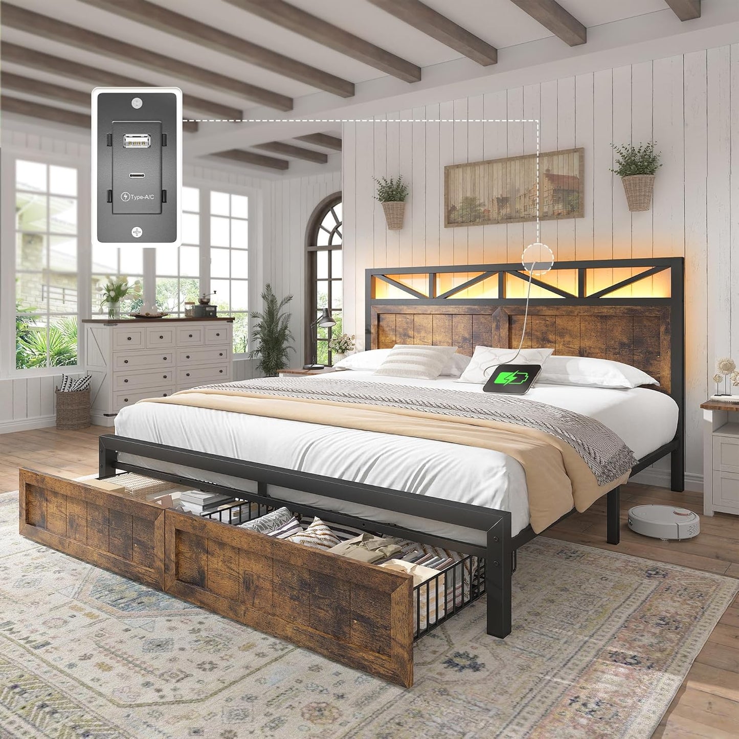 EnHomee Queen Metal Bed Frame with 2 Storage Drawers, Built in Charging Station & LED Light,NO Noise,No Box Spring Needed,Rustic Brown