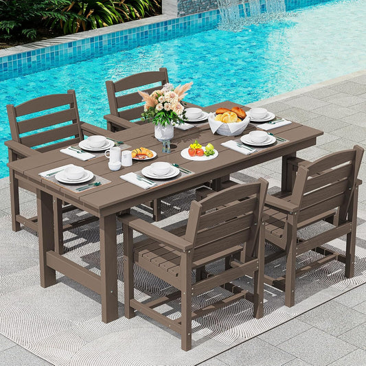 SERWALL Outdoor Dining Sets for 4, Outdoor HDPE Dining Furniture Set with Umbrella Hole Cut-Out Table and 4 Chairs, All Weather Dining Set, Coffee