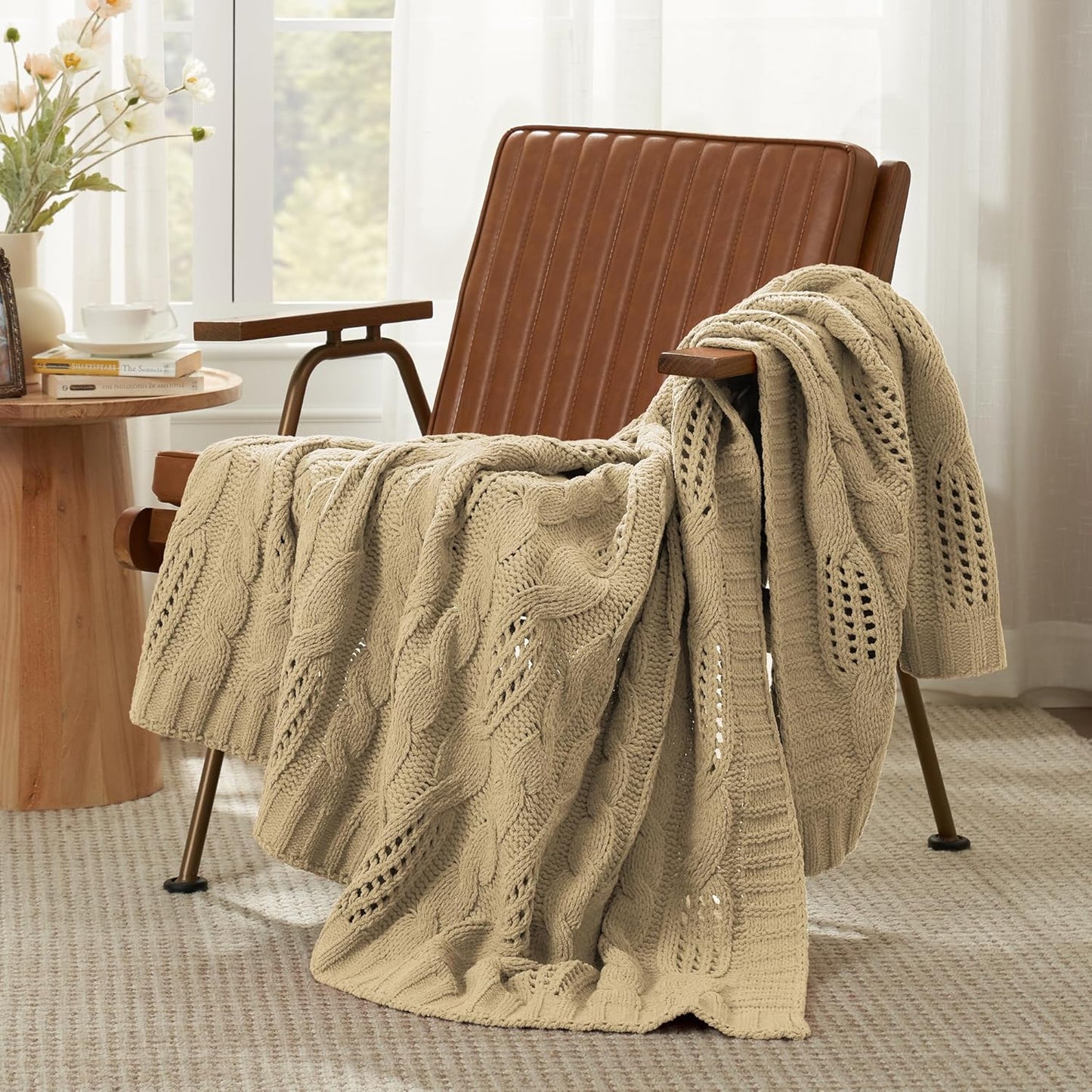 Amélie Home Chunky Knit Throw Blanket, Dual-Sided Soft Chenille Breathable Cable Knitted Blanket for Couch, Farmhouse Decorative Throw for Sofa & Chair, 60"x80", Beige