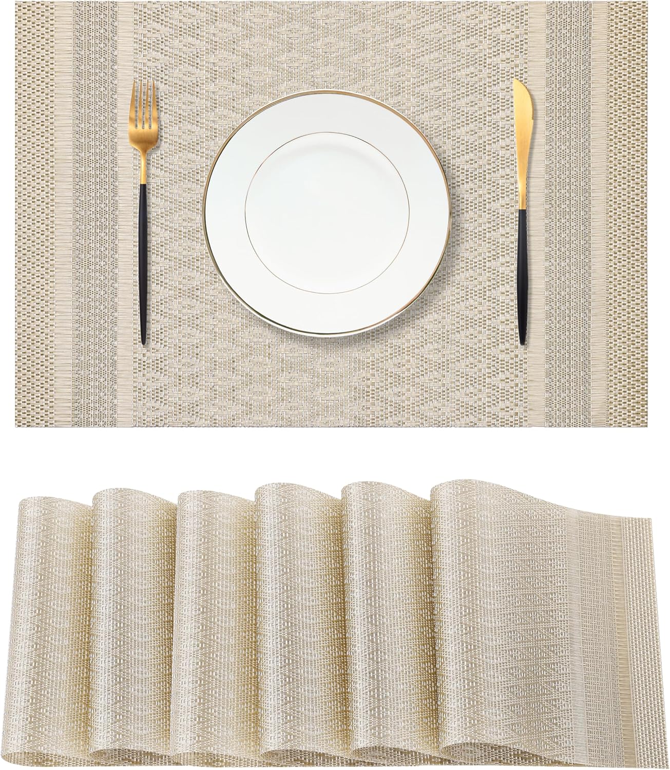 Leetaltree Stardust Yellow Placemats Set of 6 - Heat Resistant Non-Slip Place mats for Dining Table, Washable Durable PVC Vinyl Woven Table Mats（Stardust Yellow, 6）