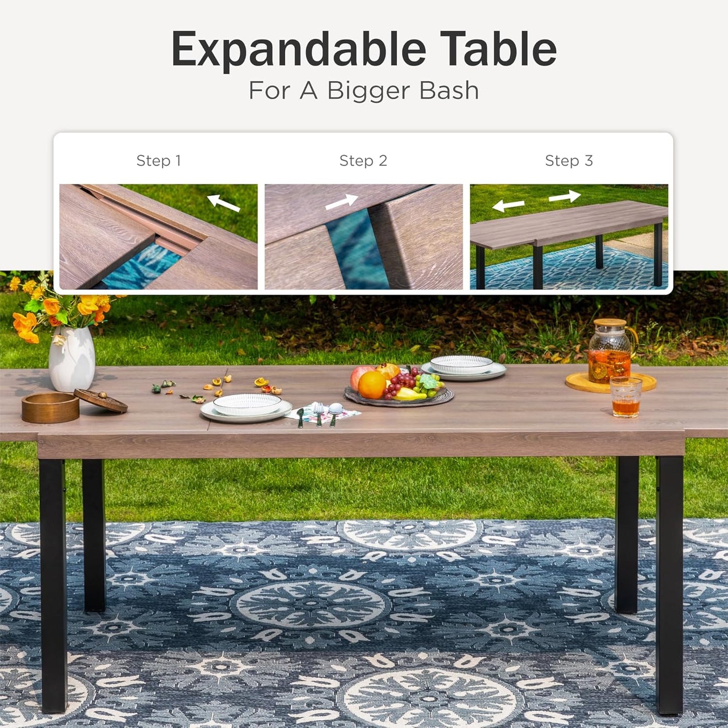 PHI VILLA 9 Pieces Outdoor Dining Set for 8, Expandable Wood-Like Metal Table & Wrought Iron Stackable Chairs, Large Dining Furniture for Patio, Deck, Backyard, Porch