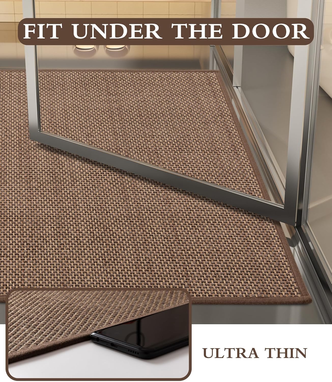 YIHOUSE Bathroom Rugs Sets 2 Pieces, Coffee Ultra Thin Bath Mats Fit Under Door, Absorbent Quickly Dry Rubber Backing Braided Bath Mat Set, Non Slip Washable Bath Rugs Mat for Bathroom Floor, Coffee