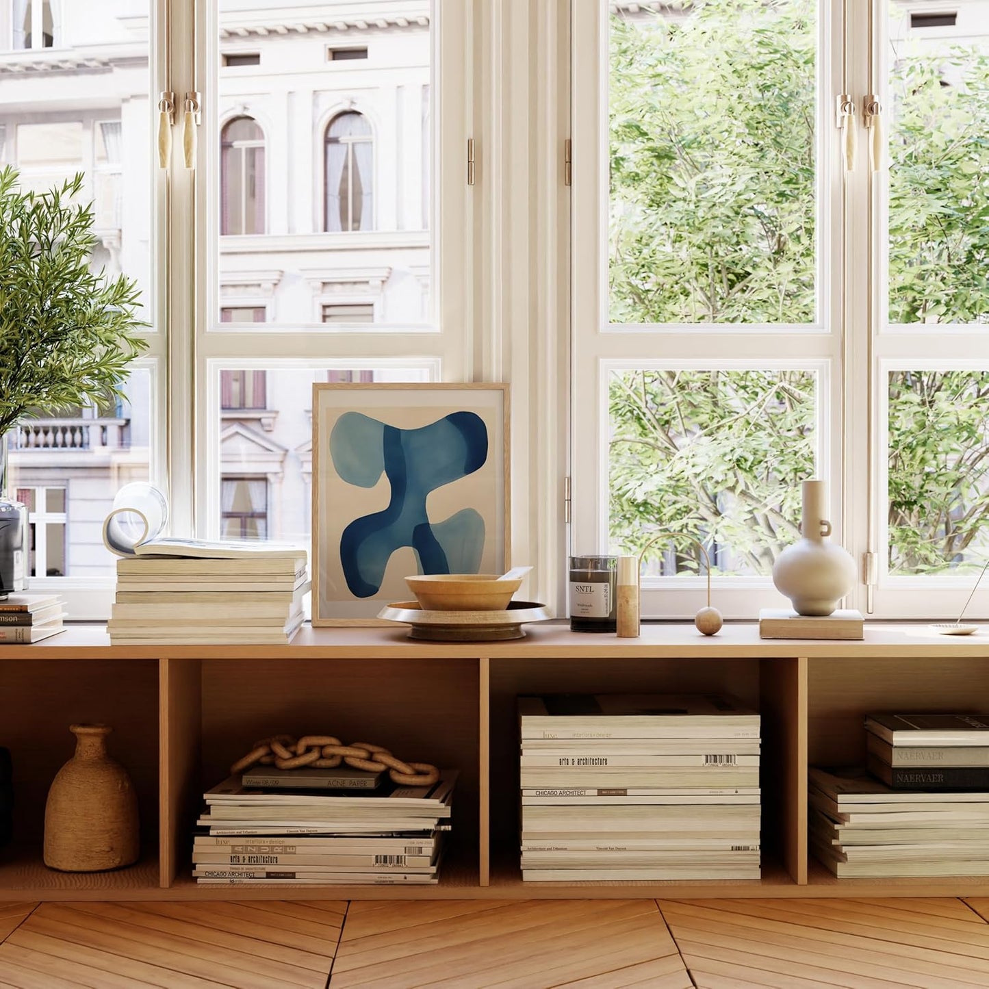 HAUS AND HUES Modern Abstract Wall Art - Blue and Green Living Room Art, Modern Artwork for Walls, Minimalist Picture for Living Room(Blue Shapes, Beige Frame, 16x20)