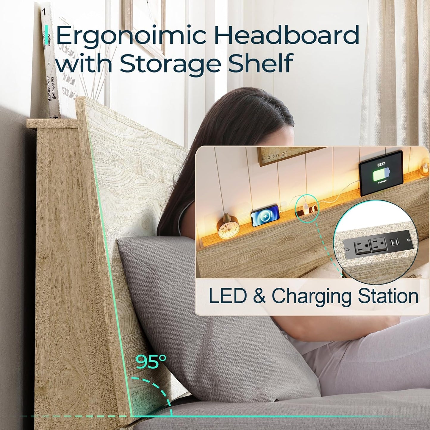 LINSY Wood Bed Frame with Headboard, Full Bedframe with LED Lights, Wooden Platform Frames with Charging Station, No Box Spring Needed, Easy Assembly, Boho Wood