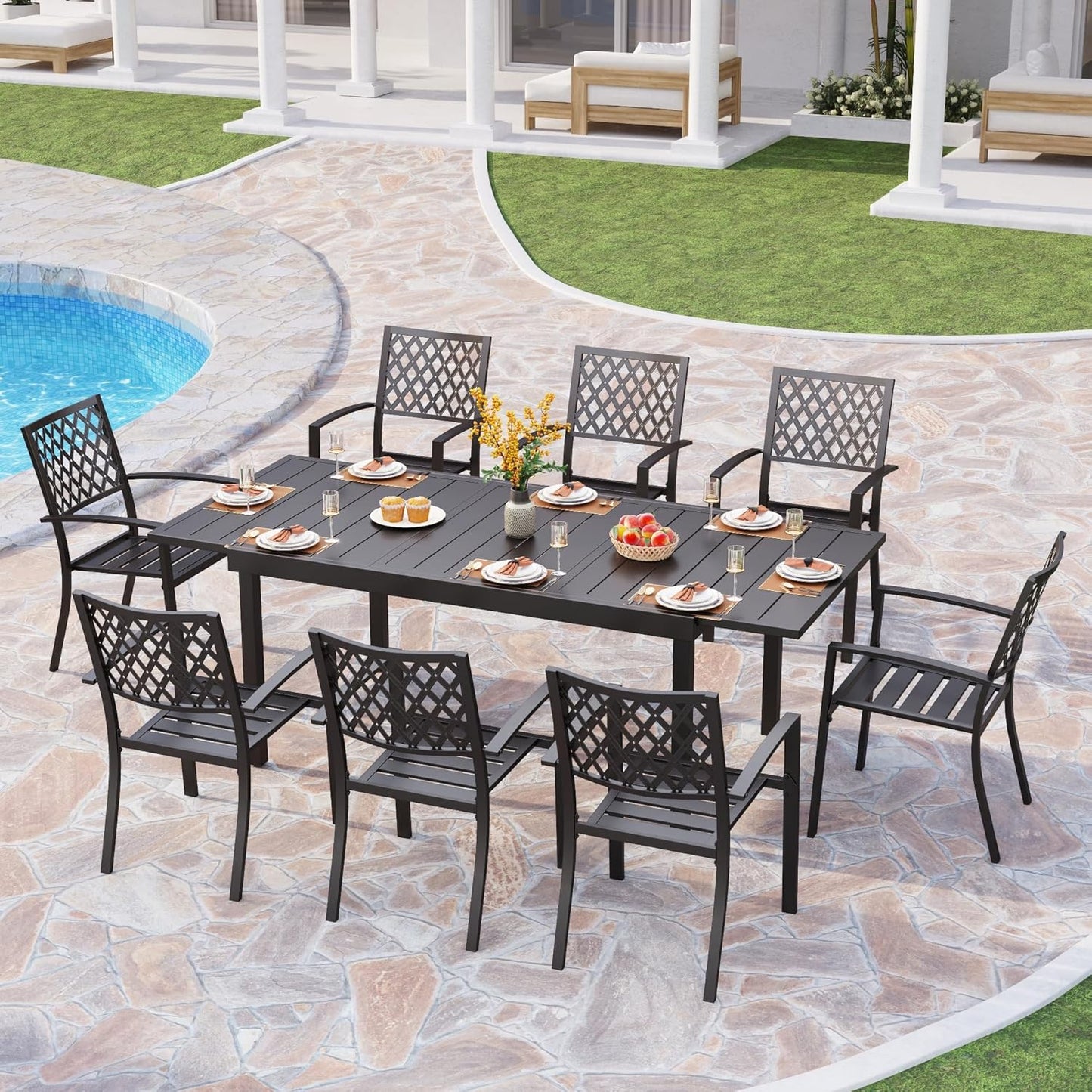PHI VILLA 9 Piece Outdoor Dining Table Sets, Expandable Rectangular Metal Dining Table and 8 Bistro Metal Chairs for Patio, Deck, Yard