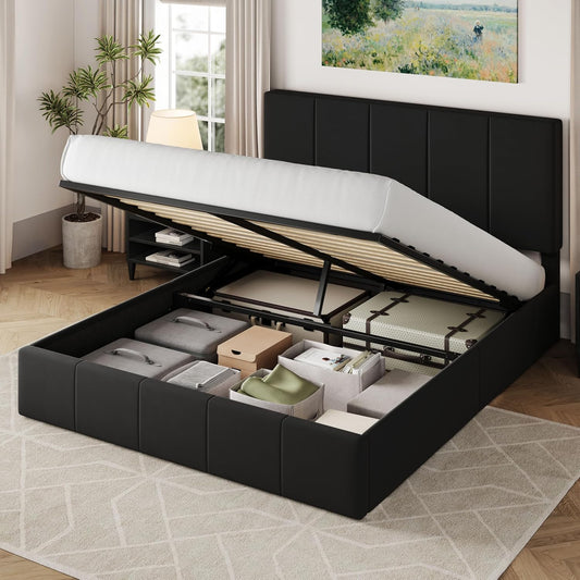 Allewie Full Size Velvet Lift Up Storage Bed Frame, Vertical Channel Tufted Headboard, Hydrualic Underneath Storage, Upholstered Platform Bed, Wooden Slats Support, No Box Spring Needed, Black