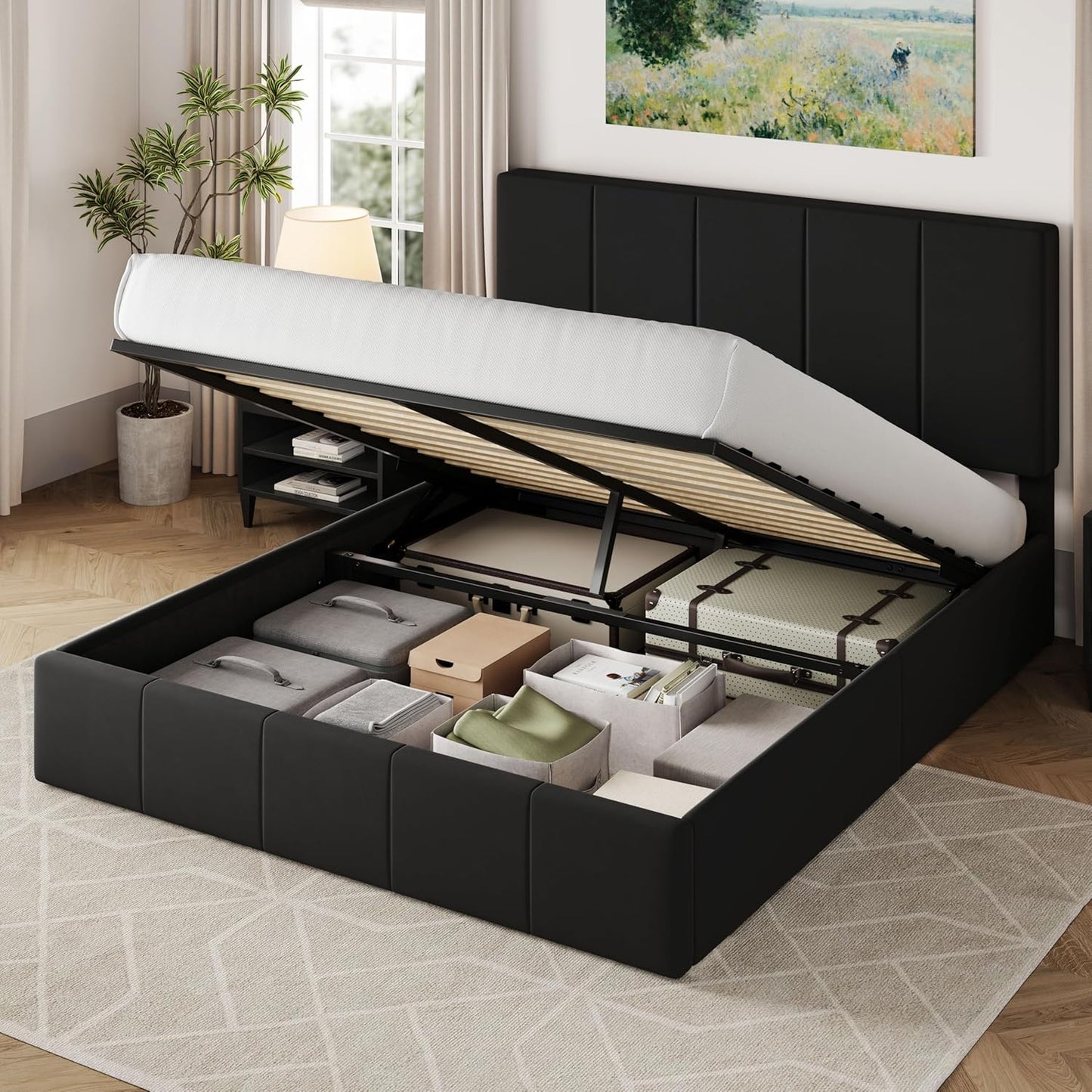 Allewie Queen Size Velvet Lift Up Storage Bed Frame, Vertical Channel Tufted Headboard, Hydrualic Underneath Storage, Upholstered Platform Bed, Wooden Slats Support, No Box Spring Needed, Black