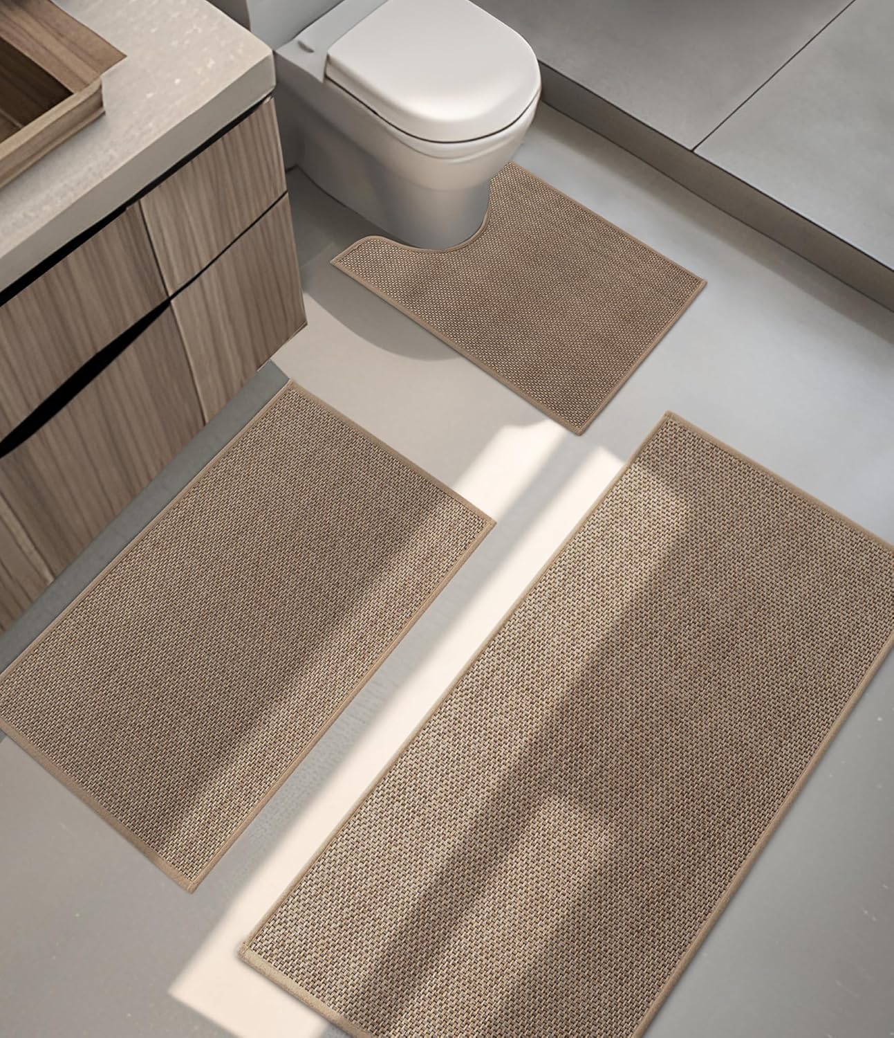 YIHOUSE Bathroom Rugs Sets 3 Pieces, Grey Ultra Thin Bath Mats Fit Under Door, Absorbent Quickly Dry Rubber Backing Braided Bath Mat Set, Non Slip Washable Bath Rugs for Bathroom Floor, Grey