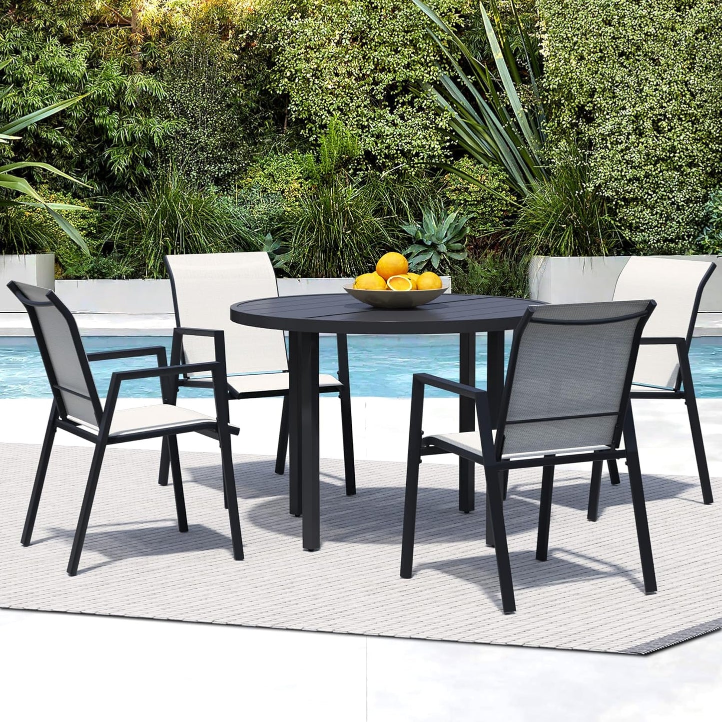 5 Piece Outdoor Dining Set, Patio Table and Chairs Set of 4, 42" Black Round Patio Table with 4 Oyster Beige Stackable Patio Chairs for Lawn, Garden, Porch