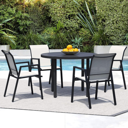 5 Piece Outdoor Dining Set, Patio Table and Chairs Set of 4, 42" Black Round Patio Table with 4 Oyster Beige Stackable Patio Chairs for Lawn, Garden, Porch