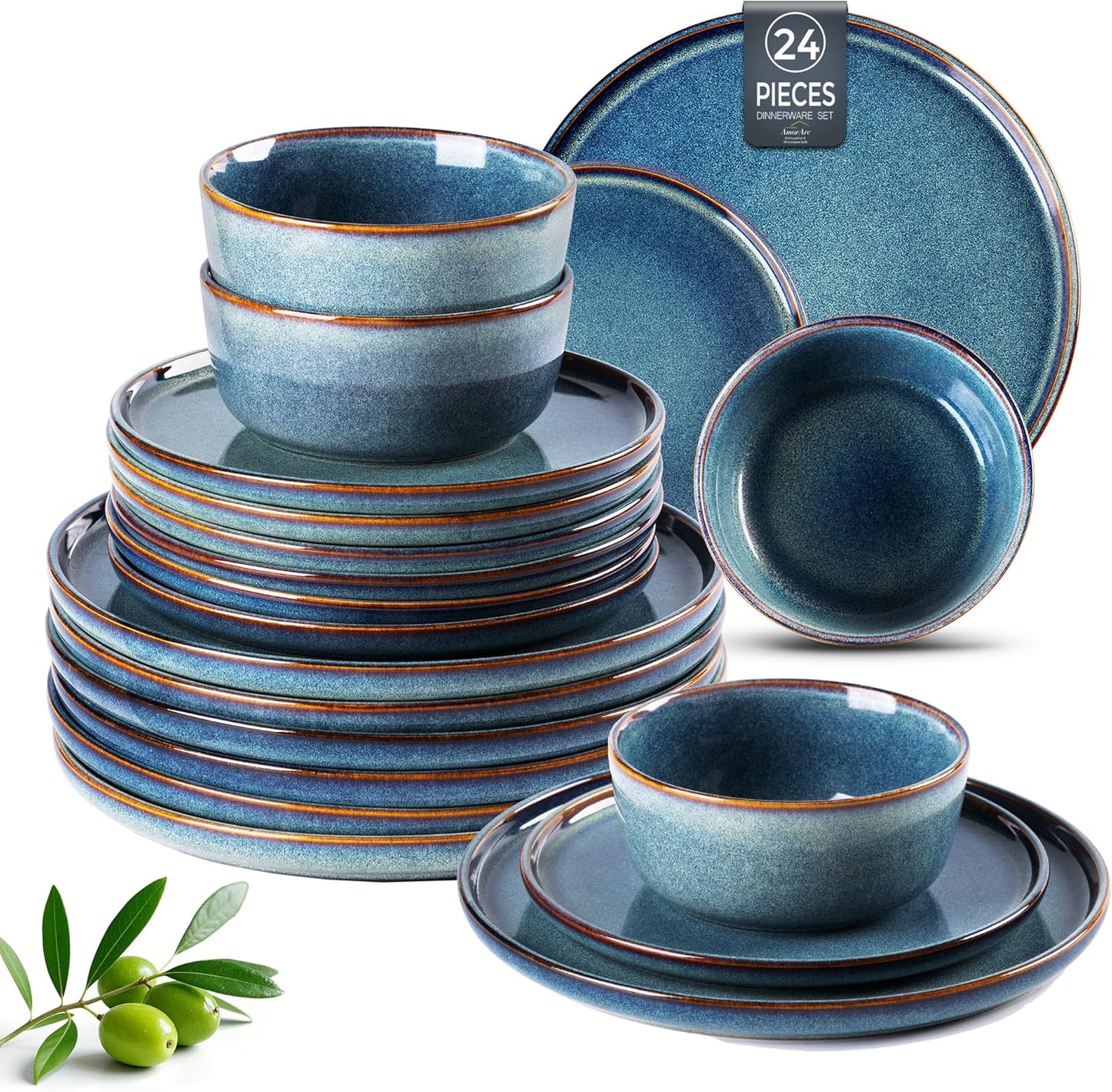 AmorArc Ceramic Dinnerware Sets for 4,Round Reactive Glaze Stoneware Plates and Bowls Set,Highly Chip and Crack Resistant Dishware | Dishwasher & Microwave Safe Dishes Set,Service for 8 (24pc)