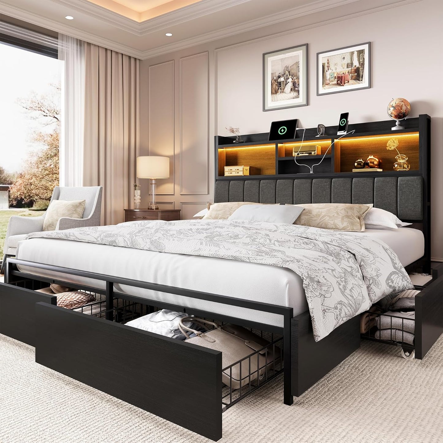 LARMACE King Bed Frame with 6 Storage Drawers, Bed Frame King Size with Linen Upholstered Headboard, Built in Charging Station and LED, No Noise, Metal Support, No Box Spring Needed,Vintage Black