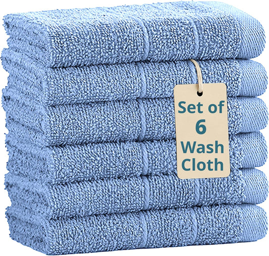 Casa Platino 100% Cotton Wash Cloths 6 Pack - Spa & Salon Quality - Ring Spun Cotton Face Cloths- Soft & Absorbent Washcloths for Shower, Home, Kitchen - Fingertip Towels - 13"x13", Cerulean Blue