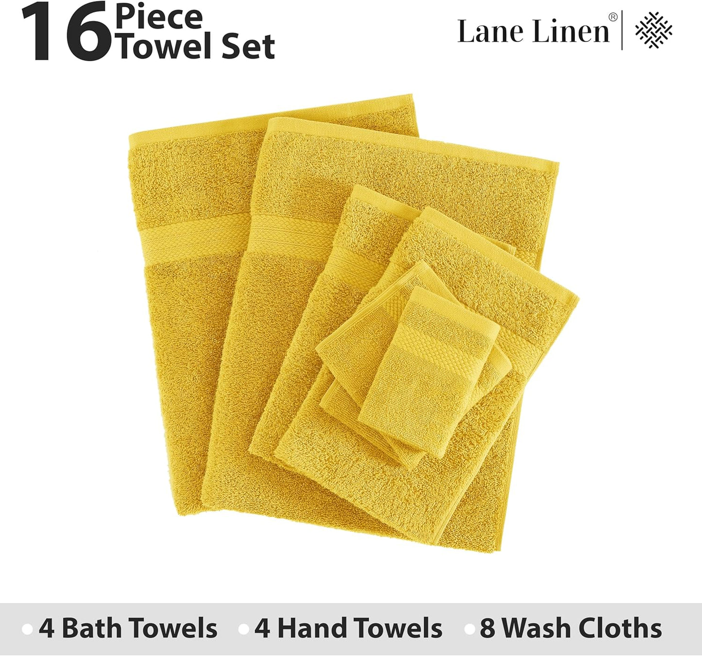 LANE LINEN 100% Mercerized Cotton Bathroom Towel Set - 16 Pieces - Fluffy, Super Soft & Highly Absorbent - 4 Bath Towels, 8 Washcloths, 4 Hand Towels - Ring Spun, Double Sided Cotton Terry - Mimosa