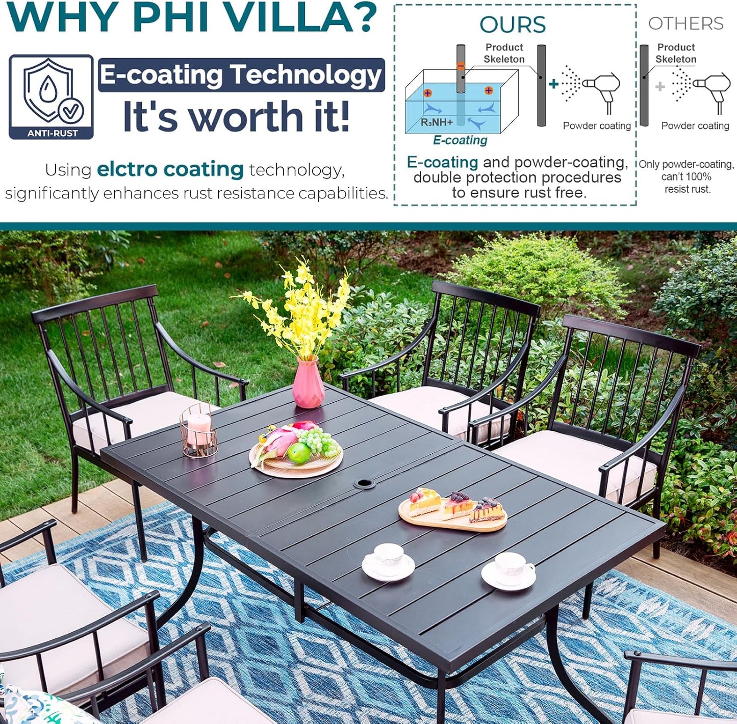 PHI VILLA 7 Pieces Patio Dining Table Set with Cushion for 6, Large Rectangular Metal Dining Table with Umbrella Hole & Cushioned Swivel Iron Chairs for Outdoor, Deck, Yard