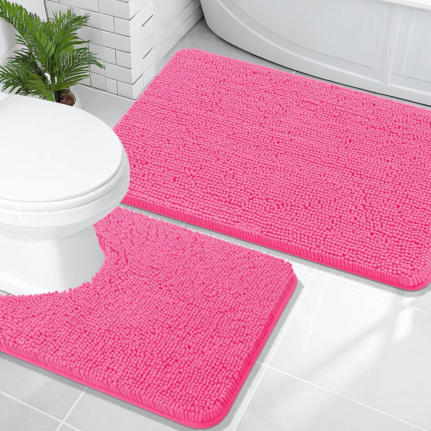 OLANLY Bathroom Rugs Sets 2 Piece, Soft Absorbent Chenille Bath Mats and U-Shaped Contour Toilet Mat Area Rug Set, Machine Washable Bath Carpet, Home Decor Accessories(36"x24"+24"x20", Hot Pink)