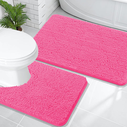 OLANLY Bathroom Rugs Sets 2 Piece, Soft Absorbent Chenille Bath Mats and U-Shaped Contour Toilet Mat Area Rug Set, Machine Washable Bath Carpet, Home Decor Accessories(36"x24"+24"x20", Hot Pink)