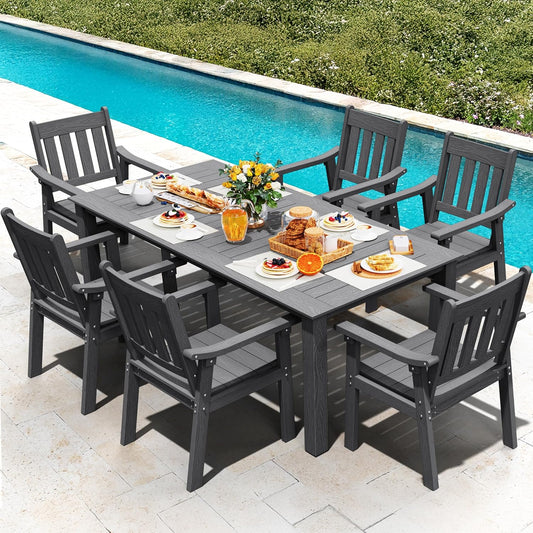 YEFU HIPS Patio Table Set: 7 Piece Outdoor Table and Chairs Dining Furniture Set with Umbrella Hole - Gray Modern Plastic Dining Sets 6 Person for Outside Deck with Metal Aluminum Frame