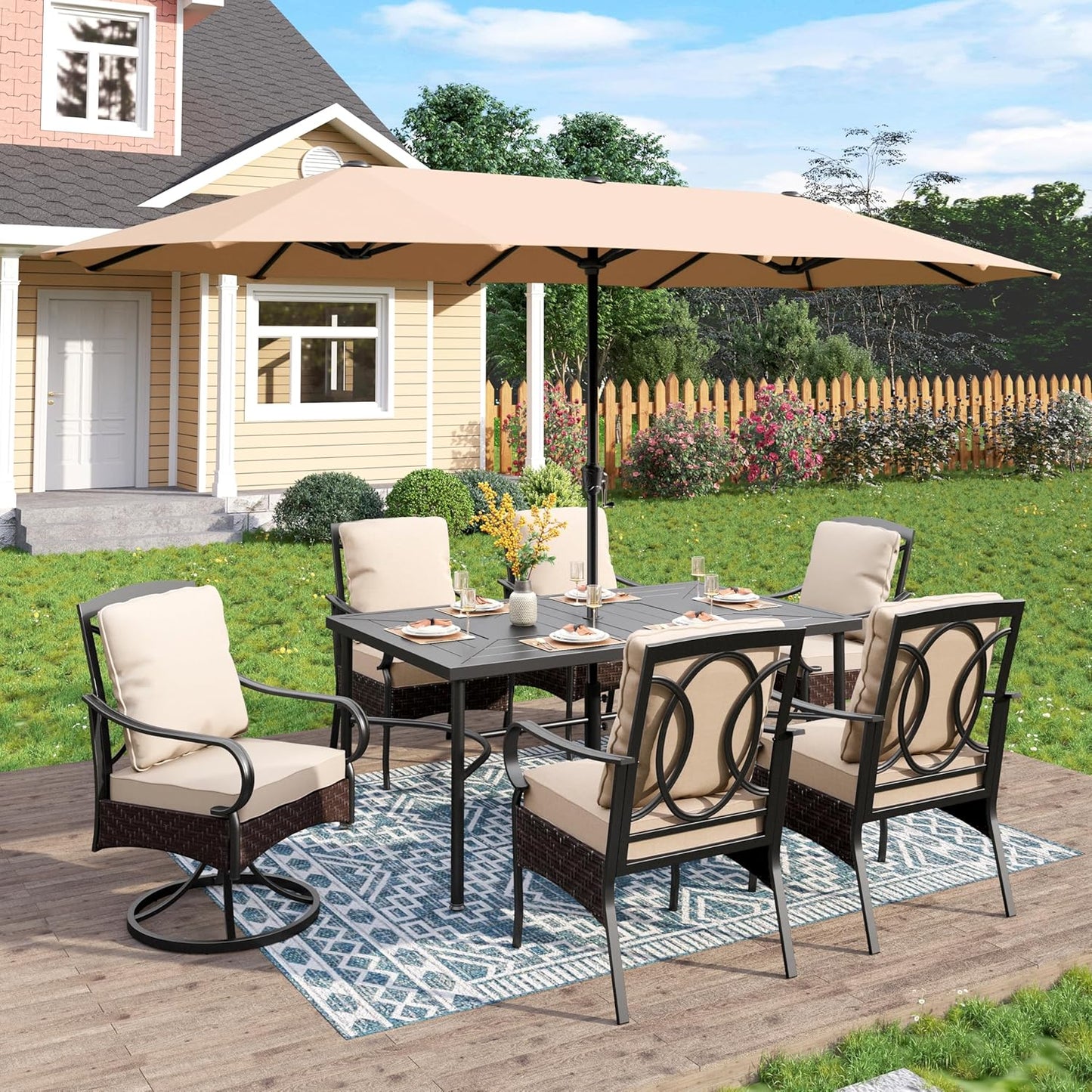 PHI VILLA 7-Piece Outdoor Dining Set, Heavy Duty Patio Table and Chairs Set with Umbrella for 6, 64" Rectangular Patio Metal Table & Wicker Dining Chairs with Cushions, 2 Swivel
