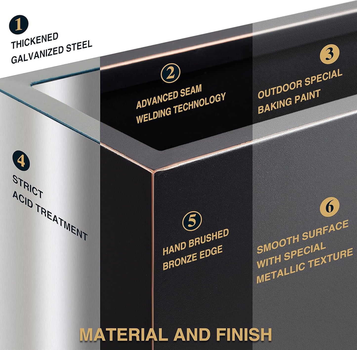 Wallowa Metallic Heavy Outdoor Planter Box, Span Planter, Pure Black with Hand Brushed Gold Rim, Long and Tall Divider Planter, No Assembly and Seamless, 38”Lx10”Wx30”H 48.8 Pounds