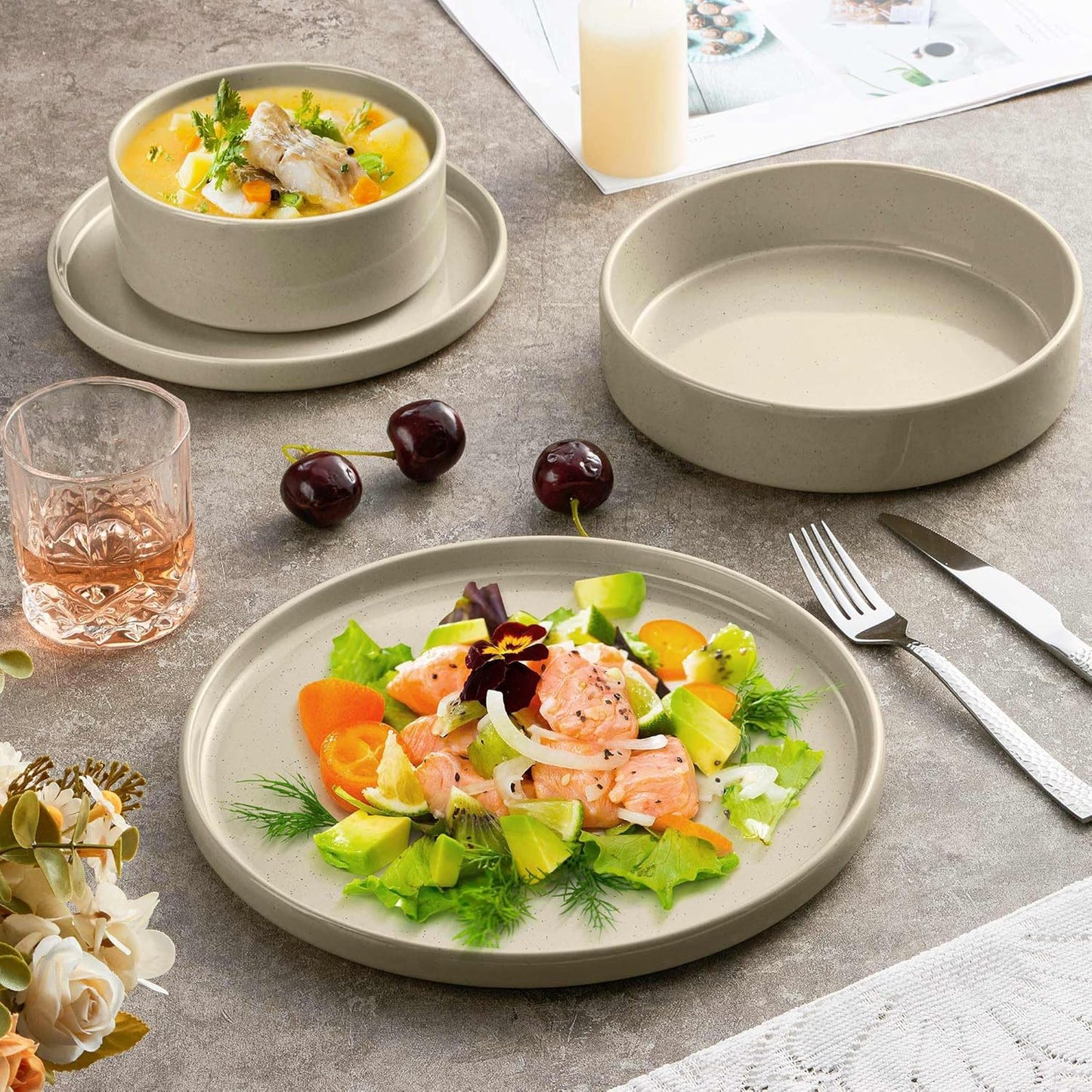 Herogo 24 Piece Dinnerware Sets with Double Bowls, Stoneware Plate and Bowls Set for 6, Ceramic Dinner Dishware for Kitchen Dining, Microwave & Dishwasher Safe, Speckled Khaki