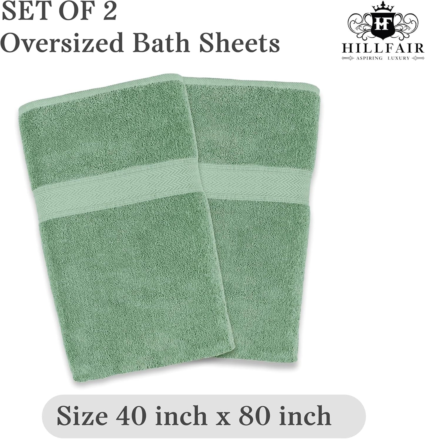 HILLFAIR 600 GSM- 40 x 80 Inches- 100% Cotton 2 Pc XXL Oversized Bath Towel Set- Soft Highly Absorbent Jumbo Bath Sheets Towels Sets- Quick Dry Oversized Sheets Towel Sets for Hotel Spa Pool- Sage