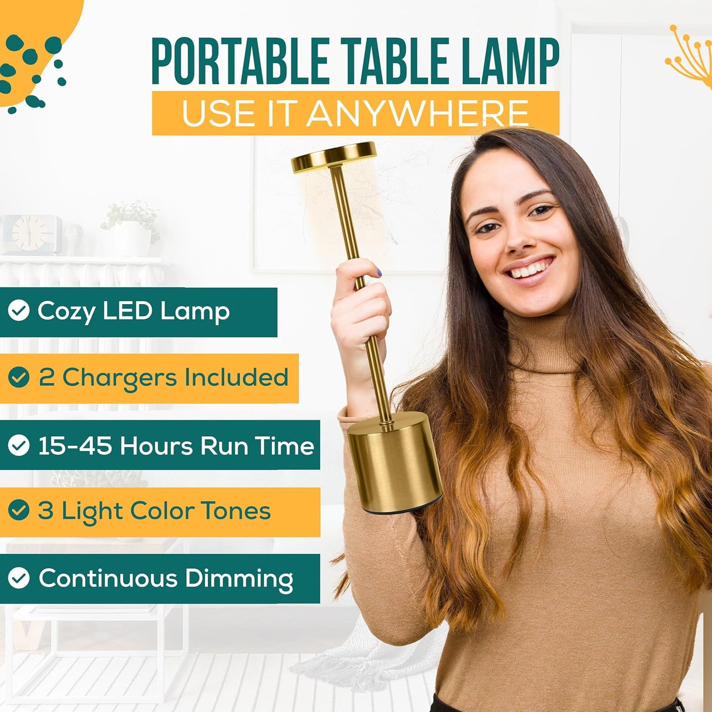 Cordless Table Lamp Pack of 2 (Gold) Rechargeable Lights - Set of 2 USB Chargers Included - LED 3-Color Dimmable Lamps for Restaurant Dinner Dining Kitchen Coffee Table Patio and Portable Lighting