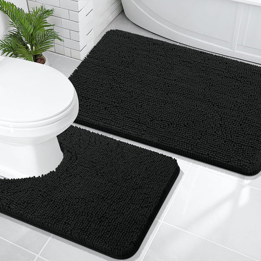OLANLY Bathroom Rugs Sets 2 Piece, Soft Absorbent Chenille Bath Mats and U-Shaped Contour Toilet Mat Area Rug Set, Machine Washable Bath Carpet, Home Decor Accessories(36"x24"+24"x20", Black)