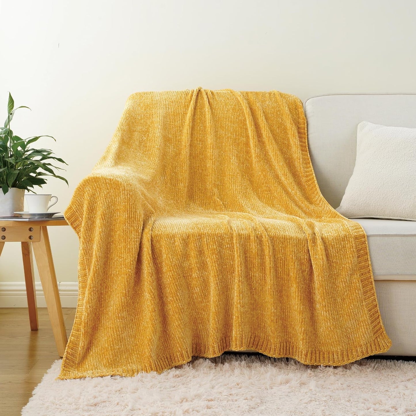 BATTILO HOME Mustard Yellow Throw Blanket for Couch, Knit Gold Chenille Throw Blanket for Sofa,Chair, Soft Cozy Spring Blanket for Bed,Home Decor, 51"x67"