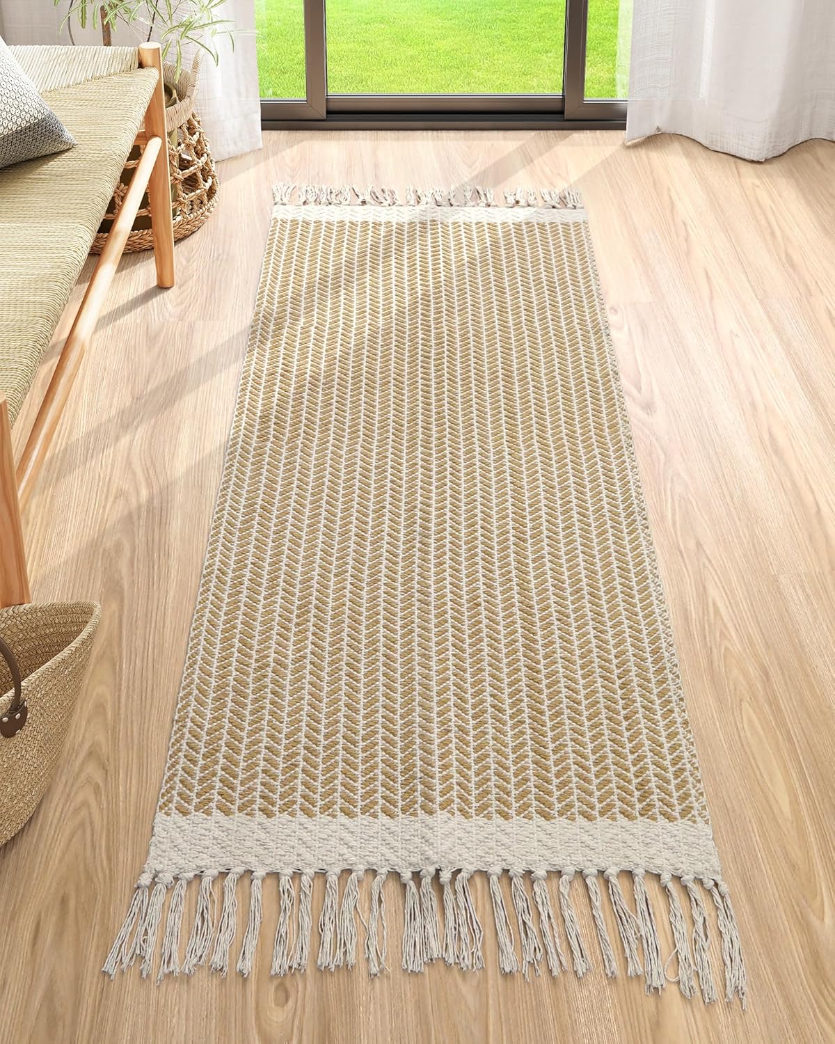Lahome Boho Bathroom Runner Rug, 2x5 Hallway Runner Rugs Washable Rugs for Entryway Indoor Door Mat with Tassels, Farmhouse Woven Cotton Low Pile Rug Runners for Hallways Laundry Room, Khaki