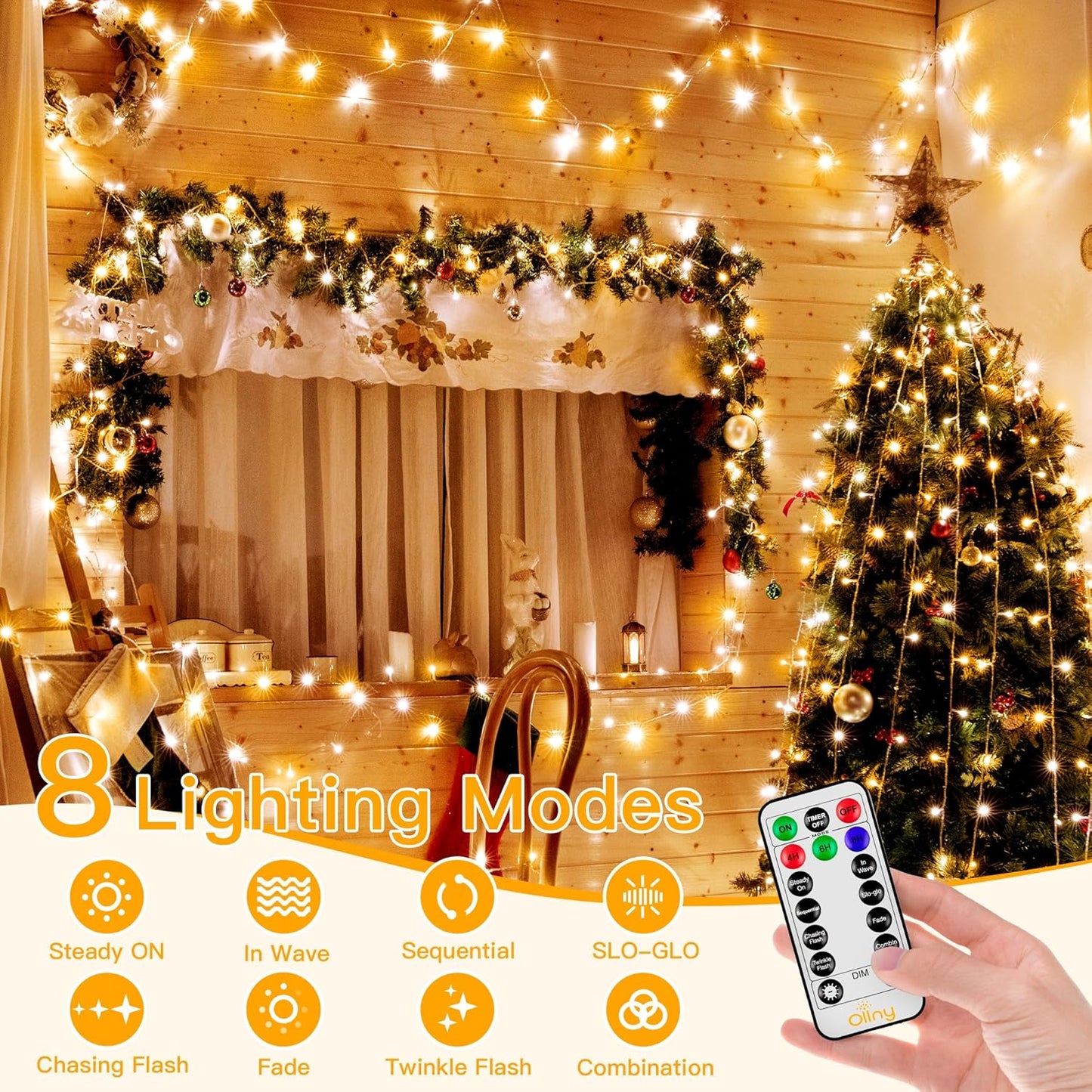 Ollny Warm White and Cool White Christmas Lights Waterproof, 400LED 131FT String Lights with Remote 3 Timer, Plug in 8 Modes Fairy Light for Xmas Tree Indoor Bedroom House Decorations