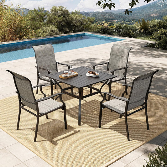 HERA'S HOUSE 5 Pieces Patio Dining Set, Outdoor Dining Set for 4, 4 x All Weather Testilene Padded Dining Chair, 37" Square Metal Dining Table, for Lawn Garden Backyard Deck