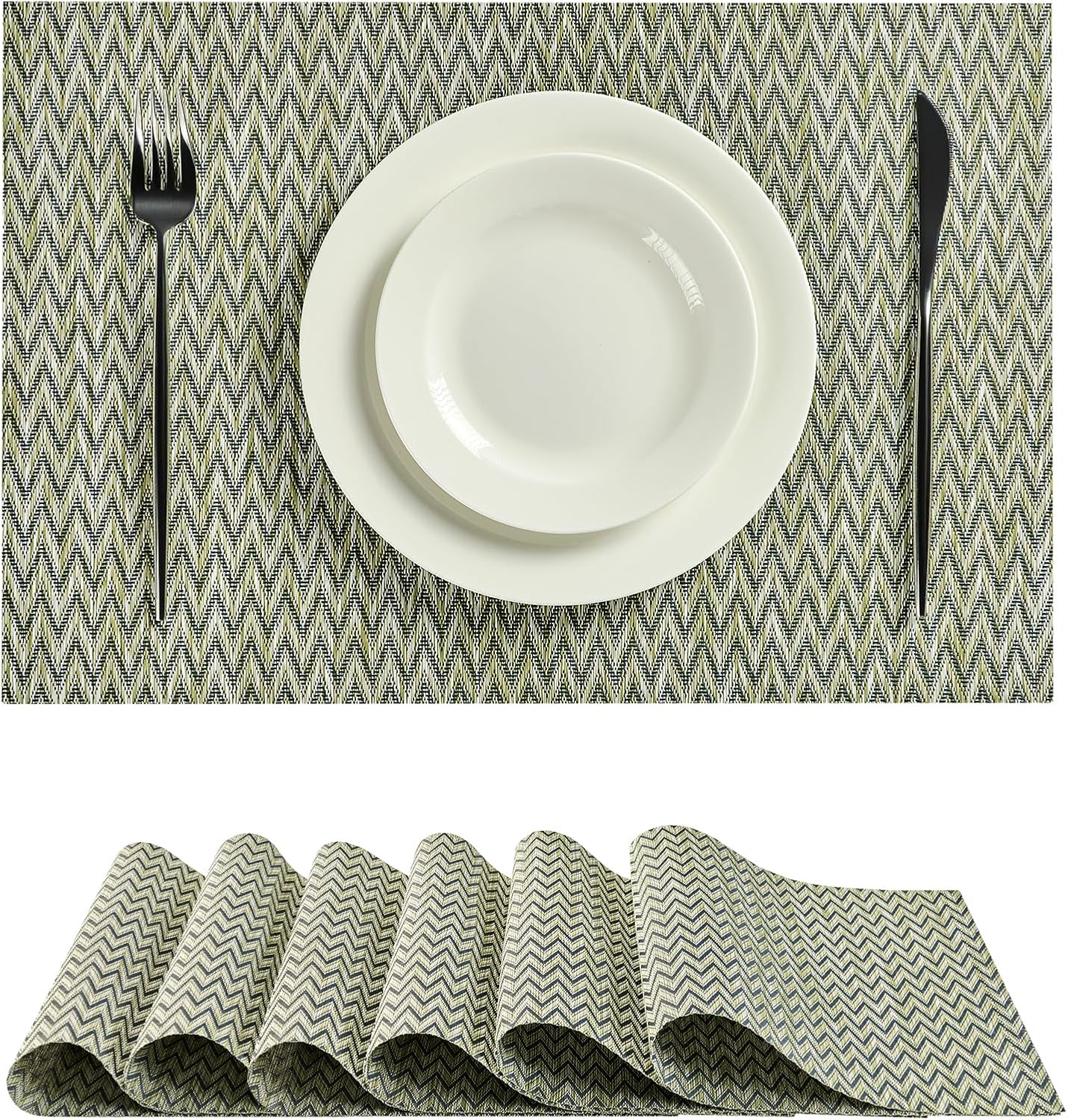Leetaltree Green Placemats Set of 6 - Heat Resistant Non-Slip Place mats for Dining Table, Washable Durable PVC Vinyl Woven Table Mats（Green Zigzag, 6）